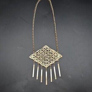 Vintage Large Statement Etruscan Style Necklace Fringe Tassel Gold Tone 20"
